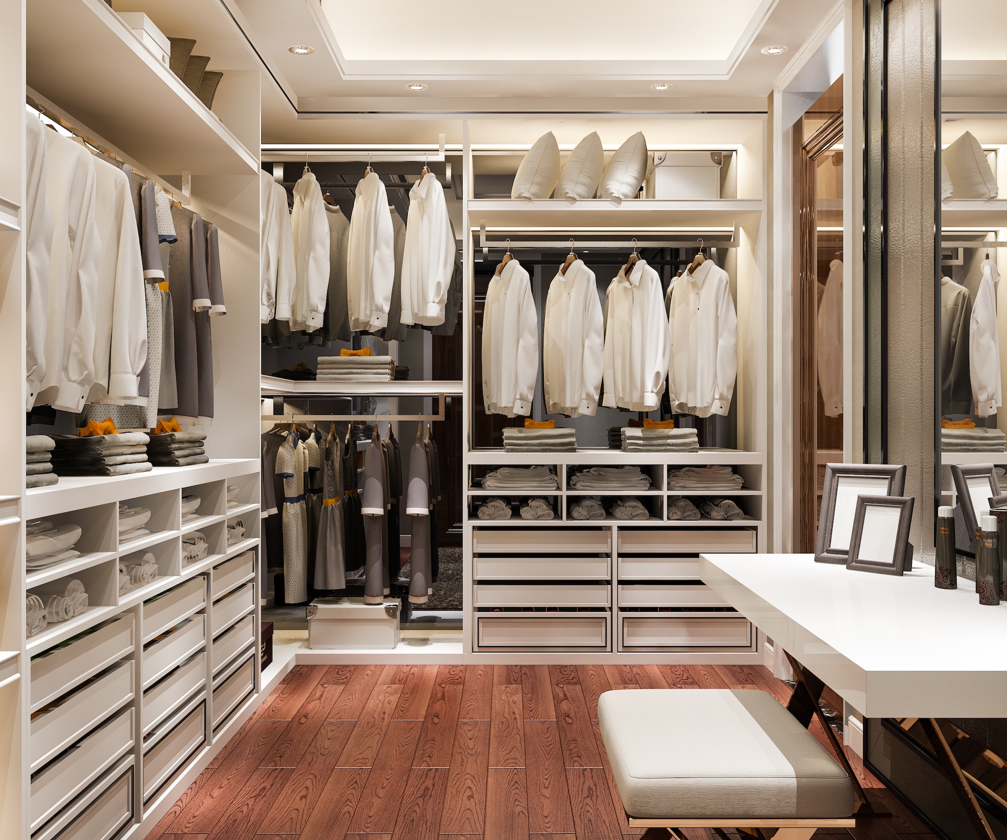 minimal scandinavian wood walk in closet with white wardrobe